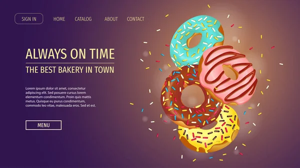 Σχεδιασμός Ιστοσελίδας Για Donut Shop Γλυκά Προϊόντα Αρτοποιείο Ζαχαροπλαστική Επιδόρπιο — Διανυσματικό Αρχείο