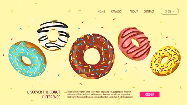 Web Page Design Donut Shop Sweet Products Bakery Confectionery Dessert — Stock Vector