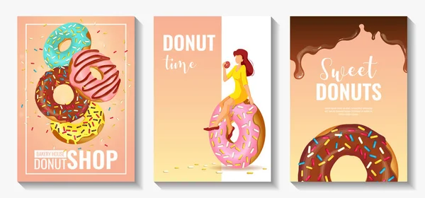 Set Flyers Pour Donut Shop Produits Sucrés Boulangerie Confiserie Dessert — Image vectorielle