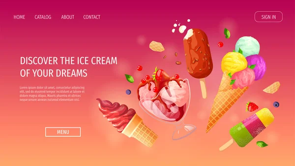 Progettazione Pagine Web Con Set Gelati Vari Gelateria Negozio Gelati — Vettoriale Stock