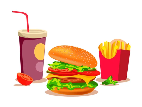 Yummy Burger Patatine Fritte Bibite Gassate Fast Food Concetto Cibo — Vettoriale Stock