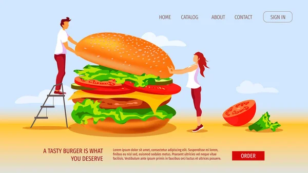 Fast Food Straßencafé Restaurantkarte Junk Food Konzept Winzige Leute Und — Stockvektor