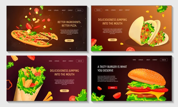 Szórólapok Gyors Ételekhez Főzéshez Kávézóhoz Éttermi Menühöz Ételrendeléshez Gyorskajához Pizza — Stock Vector