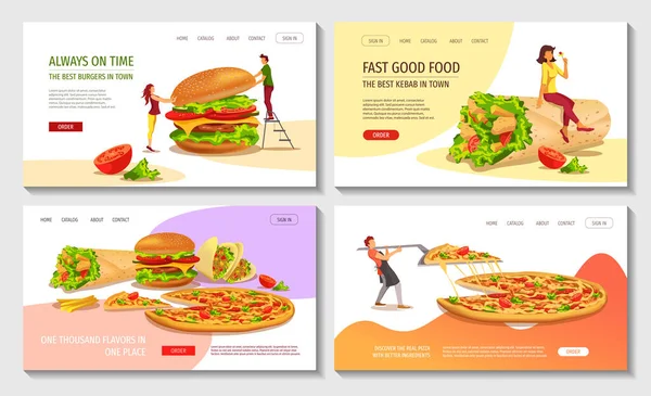Fast food, yemek, kafe ve restoran menüsü, yemek siparişi, abur cubur. Pizza, taco, kebap ve hamburger. Pankart, poster, el ilanı, kapak, menü ve broşür için mükemmel bir illüstrasyon.