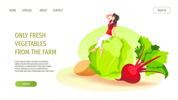 Website Design Mit Gemüse Und Winziger Frau Gesunde Ernährung Biolebensmittel — Stockvektor