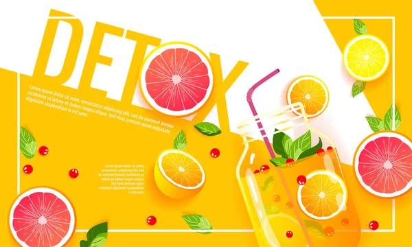 Juice Jar Straw Oranges Grapefruits Berries Detox Fresh Juice Citruses — Stockvector