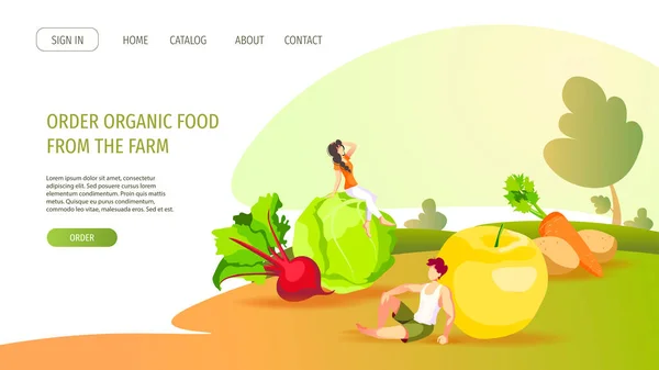 Дизайн Сайта Овощами Фруктами Крошечными Людьми Здоровое Питание Органическая Пища — стоковый вектор