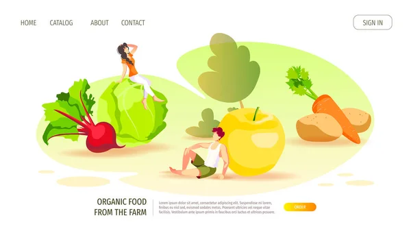 Website Ontwerp Met Groenten Fruit Kleine Mensen Gezond Eten Biologisch — Stockvector