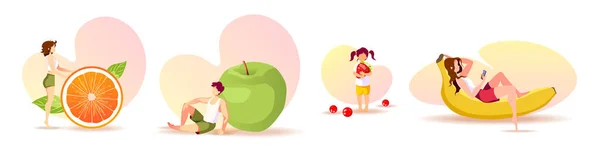 健康的な食事 有機食品 新鮮な果物 オンライン食品注文 農業の概念のための果物や果実を持つ文字のセット ポスター バナー カバー カード用ベクトルイラスト — ストックベクタ