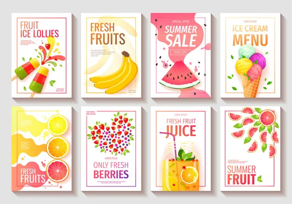 Set Flyers Fresh Fruits Watermelon Oranges Grapefruits Lemons Bananas Vector — Archivo Imágenes Vectoriales