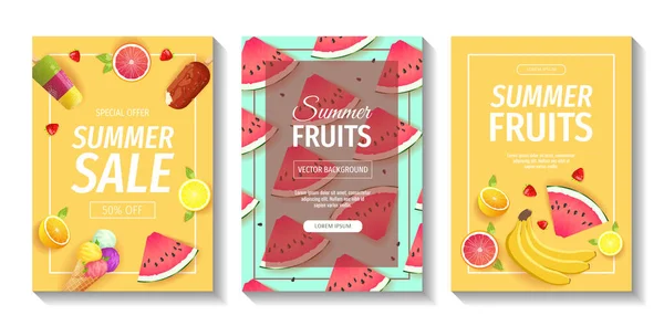 Set Flyers Fresh Fruits Watermelon Oranges Grapefruits Lemons Bananas Vector — Archivo Imágenes Vectoriales