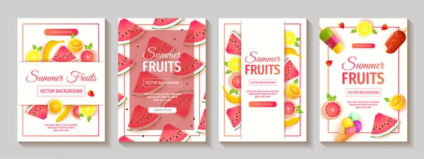 Set Flyers Fresh Fruits Watermelon Oranges Grapefruits Lemons Bananas Vector — Vetor de Stock