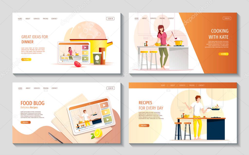 Set of web pages with people preparing food in the kitchen. Food blog, cooking, recipe, dinner, homemade food concept. Vector illustration for websites, posters, banners.
