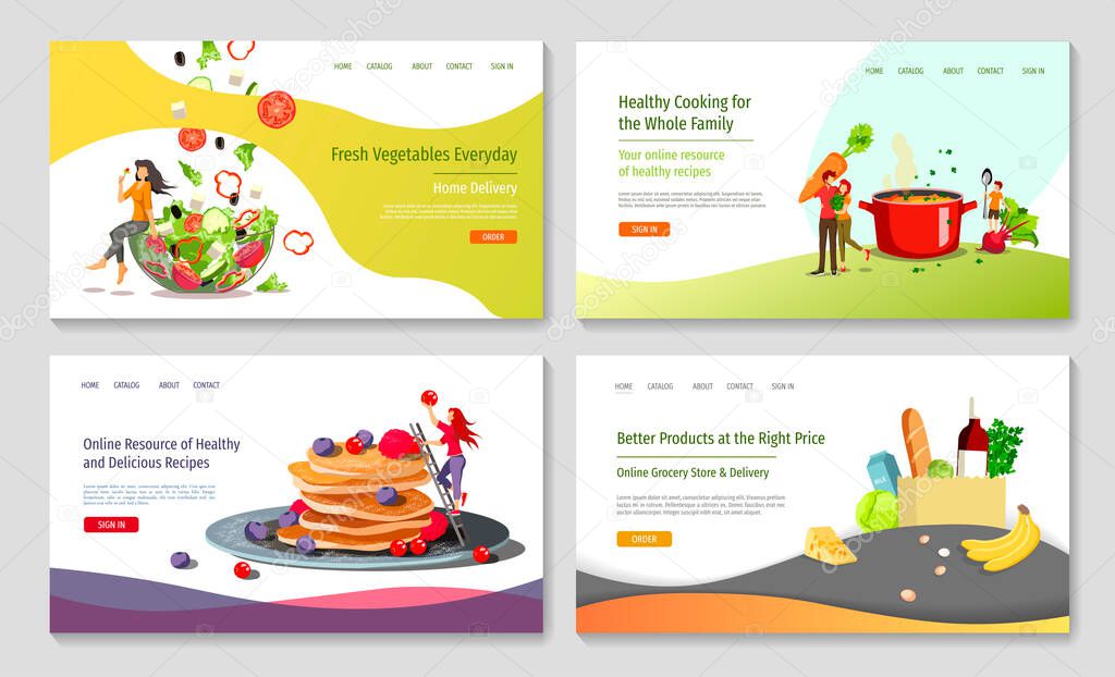 Set of web page design templates for Healthy cooking, recipes, fresh vegetables, grocery store or market . Vector illustration in a flat style can be used for posters, banners, websites, presentations.