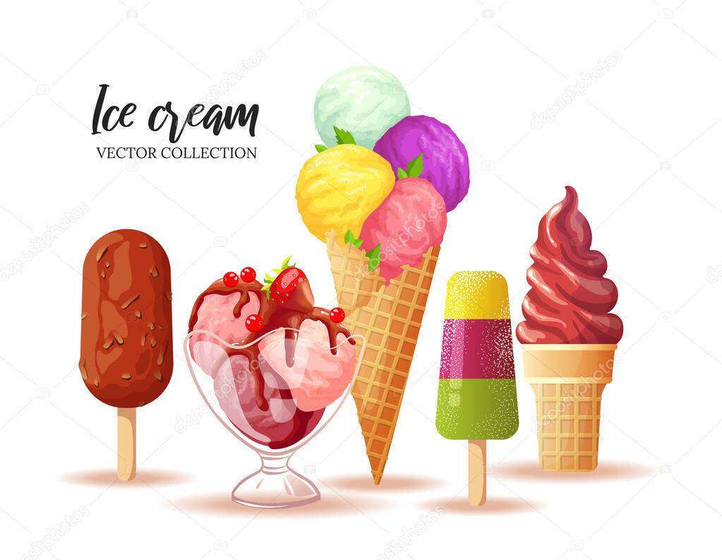 Web page design with set of various ice creams. Ice cream parlor or shop, Sweet products, Dessert concept. Vector illustration for poster, banner, website, advertisement, commercial, menu.