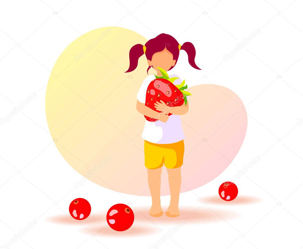 Little girl with strawberry and currants. Healthy eating, Organic food, Dessert, Diet, Fresh berries, Online food ordering, Detox concept. Vector illustration for poster, banner, cover.