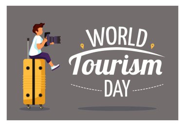  Dünya turizm günü için modern kart tasarımı vektörü. Bagajda oturan çocuk resmi.
