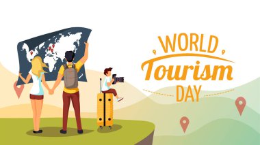  Dünya turizm günü için modern kart tasarımı vektörü haritalı turistlerin resimleriyle