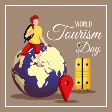  Dünya turizm günü için modern kart tasarımının vektörü. Dünya üzerinde oturan erkek çocuğunun resmedildiği gün. 