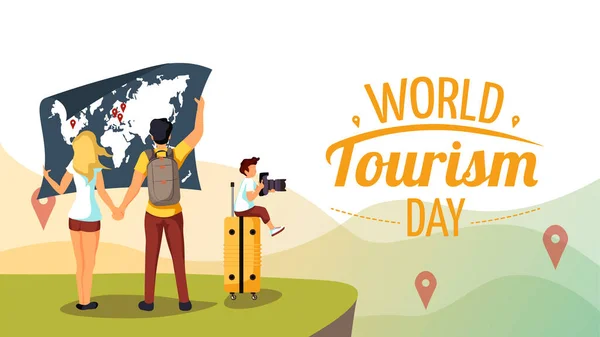 世界旅游日现代卡片设计的矢量 附有地图的游客图解 — 图库矢量图片