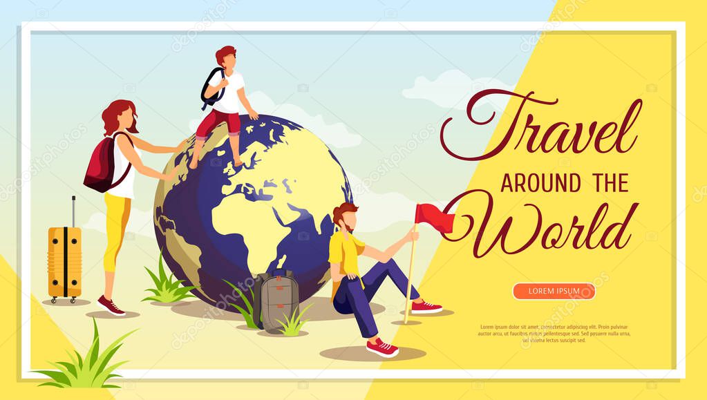  vector of modern card design for world tourism day with the illustration of tourists sitting near the globe 