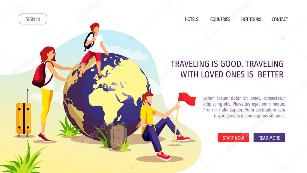  vector of modern web design for world tourism day with the illustration of tourists sitting near the globe 
