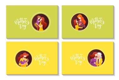 Anneler Günü için kadınların ve çocuklarının resimleriyle birlikte modern kart dizaynı. 