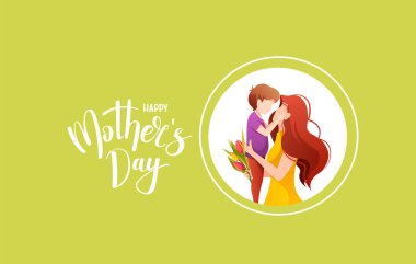 Anneler Günü için modern kart tasarımı vektörü. Bir kadın ve oğlunun resimleriyle birlikte. 