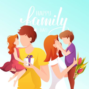 Bir aile günü için modern kart tasarımı vektörü. Bir çift ve çocuklarının resimleriyle birlikte.
