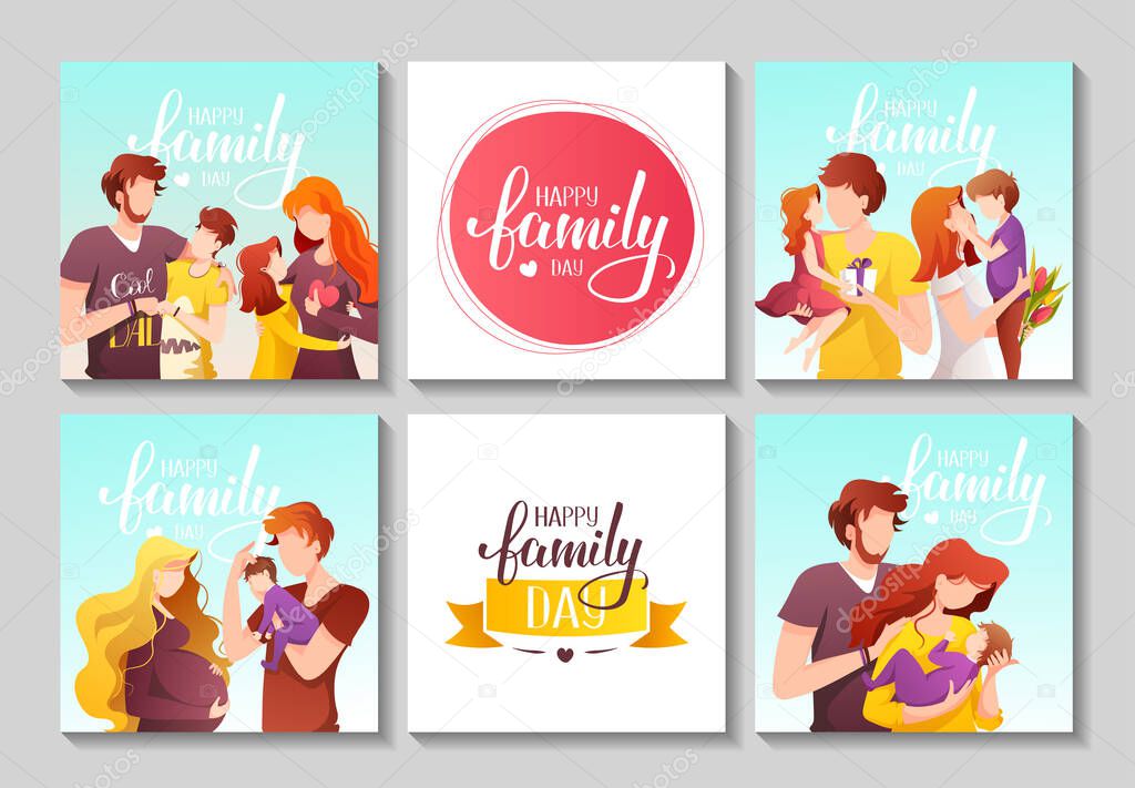 vector set of modern cards design for a family day with the illustration  of men and women and their children