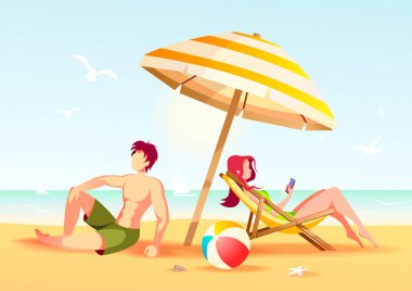 Sahilde mayo giymiş şemsiyesi ve şapkası olan bir kadının resmi.