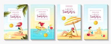 Plajlı yaz zamanı şablonu, vektör illüstrasyonu