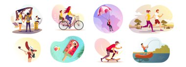 Bisikletli bir grup insan, vektör illüstrasyonu