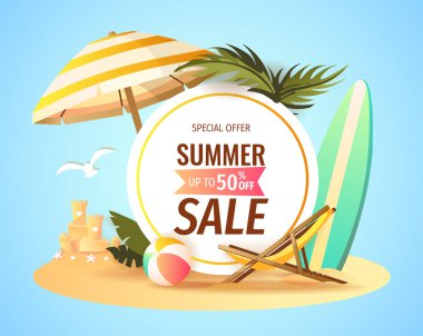 Plaj ve palmiye yapraklı yaz indirimi afişi. vektör illüstrasyonu
