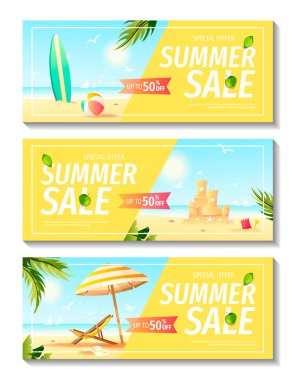 Plaj ve palmiye yapraklı yaz indirimi afişi. vektör illüstrasyonu