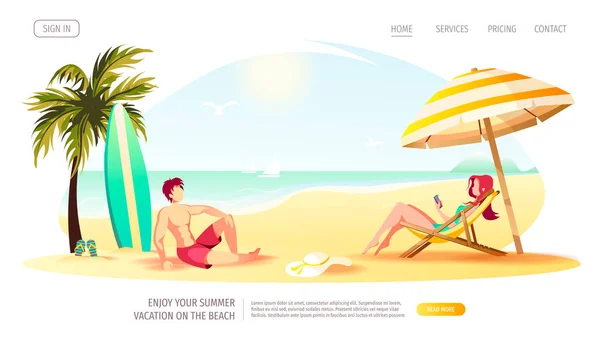 Couple Personnes Sur Plage Vacances Été Illustration Vectorielle Appartement — Image vectorielle