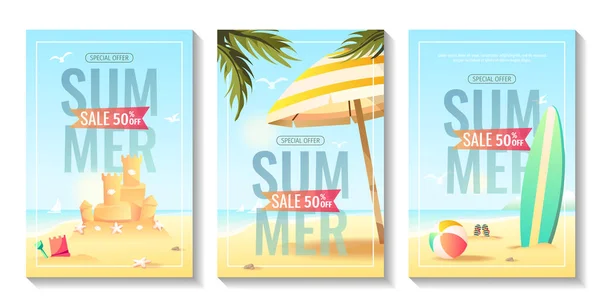 Letni Szablon Baner Sprzedaży Plażą Palmami Ilustracja Wektora — Wektor stockowy
