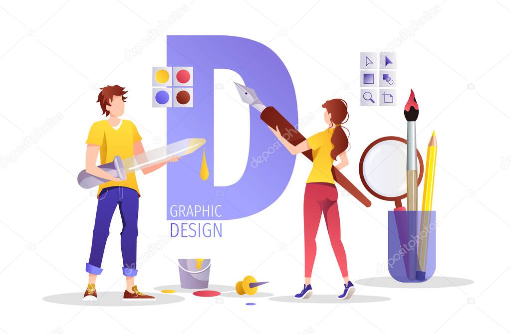 vector illustration. man painting paints and paint brush. woman painter artist, worker on white wall.