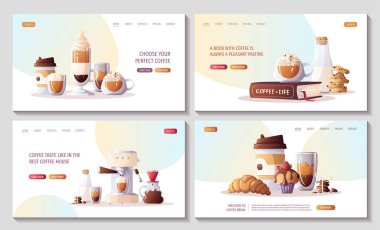 Set of web pages for Coffee shop, break, cafe-bar, restaurant. Coffee machine, Cup of coffee, clever dripper, milk, cupcake, croissant, cookies. Vector illustration for poster, banner, website. 
