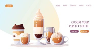 Variety of coffee drinks and cups. Coffee shop, break, cafe-bar, coffee lover concept. Vector illustration for poster, banner, website.