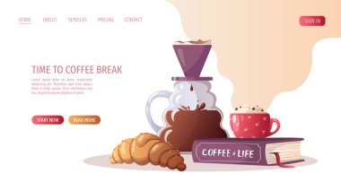 Cup of coffee, book, clever dripper and croissant. Coffee shop, break, cafe-bar, coffee lover, breakfast concept. Vector illustration for poster, banner, website.