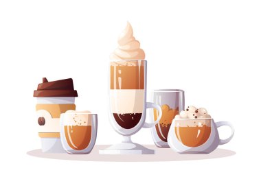 Variety of coffee drinks and cups. Coffee shop, break, cafe-bar, coffee lover concept. Vector illustration for poster, banner, cover. advertising, menu.