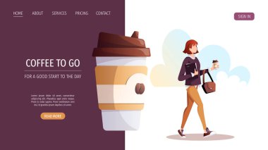 Woman with coffee in paper cup. Coffee shop, drink, cafe-bar, coffee to go concept. Vector illustration for poster, banner, website.