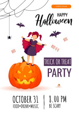 Cadılar Bayramı partisi davetiyesi, korkunç balkabağı, ağ ve örümceğin üzerinde yarasa kostümü giymiş bir kızla. Poster, afiş, broşür için A4 vektör illüstrasyonu.