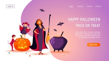 Cadılar Bayramı kartı tasarımı, kostümlü mutlu bir aile. Süpürgesi ve kazanı olan cadı, küçük şeytan. Yarasalar, korkunç balkabakları, ağlar ve örümcek. Poster, afiş, kapak, kartpostal, kart için vektör illüstrasyonu.