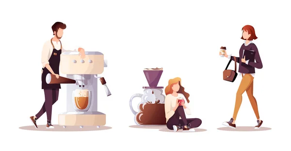 Barista Huge Coffee Machine Woman Drinking Coffee Woman Coffee Paper — Archivo Imágenes Vectoriales