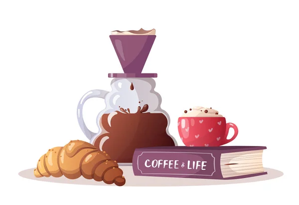 Cup Coffee Book Clever Dripper Croissant Coffee Shop Break Cafe —  Vetores de Stock