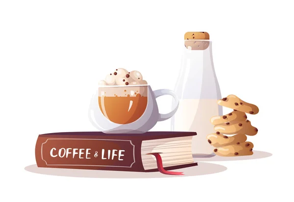 Cup Coffee Book Bottle Milk Cookies Coffee Shop Break Cafe — Stockvector