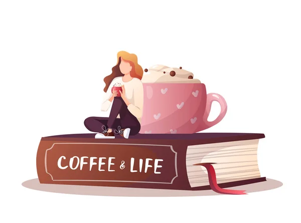 Riesige Tasse Buch Und Frau Entspannen Und Kaffee Trinken Café — Stockvektor