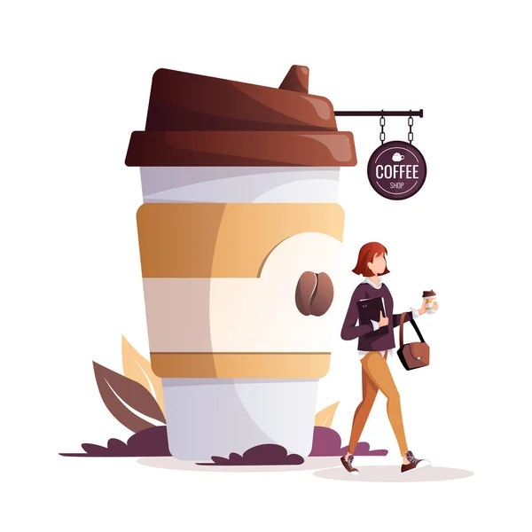 Женщина Кофе Бумажной Чашке Кофейня Напиток Кафе Бар Концепция Кофе — стоковый вектор